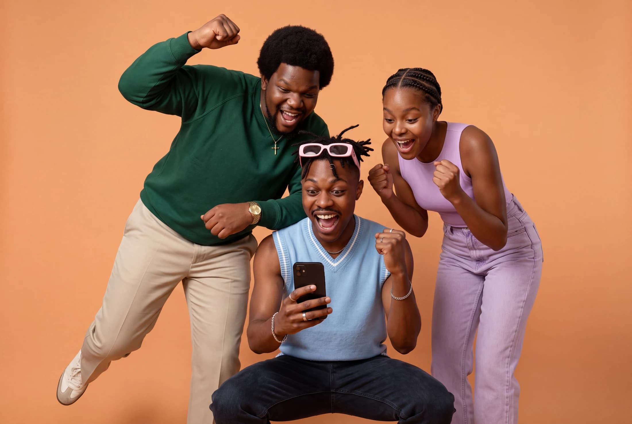 Three friends celebrate together after seeing a win on their phone.